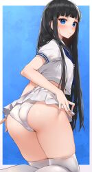 Rule 34 | 1girl, ass, black hair, blue background, blue eyes, blunt bangs, blush, breasts, cameltoe, closed mouth, commentary, cowboy shot, from behind, hechi (hechi322), highres, kneeling, leaning forward, long hair, looking at viewer, looking back, medium breasts, microskirt, miniskirt, original, panties, parted lips, pleated skirt, sailor collar, school uniform, serafuku, shirt, short sleeves, simple background, skirt, solo, symbol-only commentary, thighhighs, thighs, underwear, very long hair, white shirt