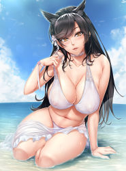 Rule 34 | 1girl, adjusting clothes, adjusting swimsuit, alternate costume, animal ear fluff, animal ears, arm support, atago (azur lane), atago (summer march) (azur lane), atago (summer march) (azur lane), azur lane, bare shoulders, beach, bikini, black hair, blush, breasts, brown eyes, choker, cleavage, clothes pull, cloud, collarbone, commentary request, covered erect nipples, day, extra ears, floral print, flower, hair flower, hair ornament, hair ribbon, head tilt, highres, kobapyon, large breasts, leaning forward, lips, long hair, looking at viewer, mole, mole under eye, navel, one-piece swimsuit pull, outdoors, parted lips, pulled by self, ribbon, sarong, see-through, sideboob, sitting, sky, solo, swept bangs, swimsuit, very long hair, water, wet, wet clothes, white bikini, white choker, white flower, white ribbon, white sarong, wristband, yellow eyes, yokozuwari