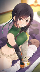 Rule 34 | 1girl, banned artist, bare shoulders, blush, breasts, brown eyes, brown hair, chm (macharge), cropped sweater, final fantasy, final fantasy vii, grin, headband, highres, kneehighs, large breasts, looking at viewer, materia, short hair, sleeveless, sleeveless turtleneck, smile, socks, solo, thighhighs, thighs, turtleneck, yuffie kisaragi