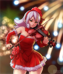 Rule 34 | 1girl, artist name, bare shoulders, blurry, blurry background, borrowed character, bow (music), brown eyes, cowboy shot, detached sleeves, dress, erkaz, fallecimiento melodia, fireworks, flower, fur trim, hairband, highres, instrument, long hair, music, original, playing instrument, pointy ears, red dress, red flower, red hairband, red ribbon army, red sleeves, solo, strapless, strapless dress, violin, white hair