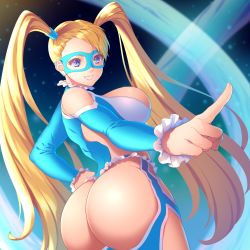 Rule 34 | 1girl, ass, blonde hair, blue eyes, blue leotard, breasts, commentary request, detached sleeves, fingernails, frills, fujimura hinami, hand on own hip, highleg, highleg leotard, highres, index finger raised, large breasts, leotard, lips, long hair, looking back, mask, parted lips, rainbow mika, shiny skin, simple background, smile, solo, street fighter, street fighter zero (series), teeth, thighs, twintails, wrestling mask, wrestling outfit