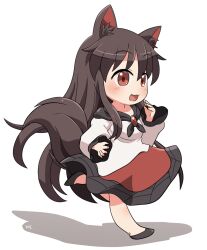 Rule 34 | 1girl, animal ears, blush, brown hair, dress, fang, full body, highres, imaizumi kagerou, long hair, long sleeves, open mouth, red dress, red eyes, rokugou daisuke, signature, simple background, smile, solo, standing, standing on one leg, tail, touhou, white background, white dress, wolf ears, wolf tail