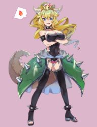 Rule 34 | 1girl, armlet, bad id, bad pixiv id, bare shoulders, black dress, black nails, blonde hair, blue eyes, borrowed design, bowsette, bracelet, breasts, collar, covered navel, crossed arms, crown, dress, fang, fire, full body, gimnang, hair between eyes, highres, horns, jewelry, large breasts, leotard, long hair, looking at viewer, mario (series), nail polish, new super mario bros. u deluxe, nintendo, open mouth, ponytail, purple background, simple background, smile, solo, speech bubble, spiked anklet, spiked bracelet, spiked collar, spikes, standing, strapless, strapless dress, super crown, tail, thighhighs, turtle shell
