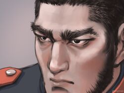 Rule 34 | 1boy, black hair, buzz cut, close-up, facial hair, frown, goatee stubble, golden kamuy, light frown, long sideburns, looking ahead, male focus, mature male, military uniform, nopinzo, realistic, short hair, sideburns, solo, stubble, tanigaki genjirou, thick eyebrows, uniform, very short hair