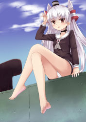 Rule 34 | 10s, 1girl, absurdres, amatsukaze (kancolle), arm support, bare legs, barefoot, blue sky, blush, brown dress, brown eyes, choker, cloud, crossed legs, day, dress, grey neckerchief, hair tubes, highres, iwashi (nisankatanso), kantai collection, long hair, long legs, long sleeves, looking at viewer, neckerchief, panties, pantyshot, revision, sailor collar, sailor dress, short dress, silver hair, sitting, sky, solo, two side up, underwear, white panties