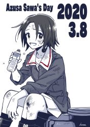 Rule 34 | 1girl, bleeding, blood, boots, bottle, bruise, dated, dirty, dirty clothes, dirty face, girls und panzer, happy birthday, highres, hone (honehone083), injury, jacket, military, military uniform, miniskirt, ooarai military uniform, pleated skirt, sawa azusa, shirt, short hair, skirt, socks, solo, throat microphone, uniform