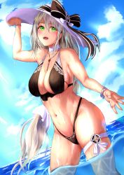 Rule 34 | 1girl, absurdres, aquila (a sip of sardegnian elegance) (azur lane), aquila (azur lane), azur lane, bikini, black bikini, black ribbon, blue sky, braid, breasts, center opening, cloud, collar, detached collar, from below, green eyes, hair between eyes, hat, highleg, highleg bikini, highres, huge breasts, long hair, navel, official alternate costume, open mouth, partially submerged, partially underwater shot, ribbon, saure teigtasche, silver hair, single braid, skindentation, sky, solo, sun hat, swimsuit, thigh strap, underwater, very long hair, wading, wet, wet legwear, white collar, white hat