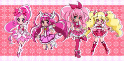 Rule 34 | 00s, 10s, 4girls, antenna hair, blonde hair, blue eyes, boots, bow, bowtie, braid, brooch, choker, color connection, corset, cure blossom, cure happy, cure melody, cure peach, dress, floral background, flower, fresh precure!, full body, hair bow, hair ornament, hairpin, hanasaki tsubomi, head wings, heart, heart brooch, heart hair ornament, heartcatch precure!, hoshizora miyuki, houjou hibiki, jewelry, jumping, knee boots, long hair, midriff, momozono love, multiple girls, outstretched arms, pink background, pink bow, pink dress, pink eyes, pink footwear, pink hair, pink legwear, pink skirt, pink theme, ponytail, precure, puffy sleeves, ribbon, shoes, skirt, smile, smile precure!, spread arms, standing, standing on one leg, suite precure, suitsugu, thighhighs, tiara, twintails, very long hair, wings, wrist cuffs