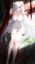 1girl absurdres asymmetrical_bangs blood blood_splatter breasts cinderella_(nikke) dress goddess_of_victory:_nikke hair_ornament hair_over_eyes highres jewelry large_breasts long_hair long_legs looking_at_viewer necklace one_eye_covered reaching reaching_towards_viewer red_eyes shirt solo sunlight thigh_strap twintails umbsy_gi white_dress white_shirt