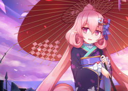 Rule 34 | 1girl, blush, flower, japanese clothes, kimono, long hair, neneka (princess connect!), open mouth, pink eyes, pink hair, princess connect!, umarutsufuri