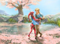 Rule 34 | 1boy, 1girl, arm around waist, blonde hair, cherry blossoms, colored skin, commission, dancing, eye contact, fins, fish girl, flower, grass, hair ornament, head fins, highres, holding hands, link, looking at another, mipha, multicolored skin, nintendo, outdoors, pointy ears, ponytail, red skin, sash, short ponytail, sky, smile, tehwi, the legend of zelda, the legend of zelda: breath of the wild, water, zora