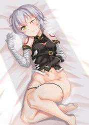 Rule 34 | 1girl, bandages, bandaged arm, bandages, barefoot, bed, blush, breasts, scar on face, fate/grand order, fate (series), fingerless gloves, gloves, green eyes, grey hair, jack the ripper (fate/apocrypha), mo shi, navel, one eye closed, panties, panty pull, scar, scar across eye, scar on cheek, scar on face, shirt, short hair, shoulder tattoo, small breasts, solo, tattoo, underwear