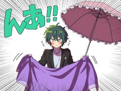 Rule 34 | 1boy, aiwana, blanket, blue eyes, blush, breast pocket, closed mouth, commentary request, ensemble stars!, green hair, hair between eyes, heterochromia, holding, holding blanket, holding umbrella, jewelry, kagehira mika, lapels, looking at viewer, male focus, necklace, notched lapels, pink umbrella, pocket, purple blanket, ring, ring necklace, short hair, solo, translation request, turtleneck, umbrella, upper body, white background, yellow eyes