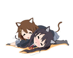 Rule 34 | 00s, 2girls, :p, animal ears, black hair, blazer, blush, brown hair, cat ears, cat tail, closed eyes, hair ornament, hairclip, hirasawa yui, jacket, k-on!, kemonomimi mode, long hair, multiple girls, nakano azusa, pantyhose, headpat, qwer, school uniform, short hair, skirt, tail, tongue, tongue out