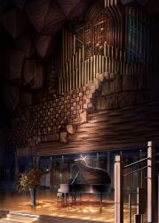 Rule 34 | ceiling light, flower, grand piano, highres, indoors, instrument, light particles, nnj ou, no humans, organ (instrument), original, piano, piano bench, pillar, pipe organ, railing, red flower, scenery, stage, stairs, vase, yellow flower