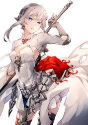 Rule 34 | 1girl, asymmetrical hair, black thighhighs, blue eyes, breasts, cowboy shot, dress, gloves, grey gloves, grey hair, hizuki miya, holding, holding sword, holding weapon, looking at viewer, medium breasts, parted lips, short hair with long locks, sidelocks, simple background, sinoalice, snow white (sinoalice), solo, standing, sword, thighhighs, weapon, white background, white dress