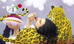 Rule 34 | 1boy, animal, bird, black hair, cake, eating, enies lobby, facial hair, flower, food, fruit, goatee, hattori (one piece), leaning, leopard, lying, male focus, necktie, on back, one piece, pigeon, rob lucci, rose, shirt, solo, strawberry, white shirt