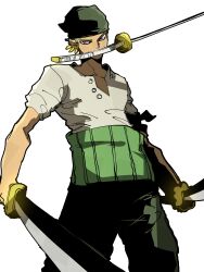 Rule 34 | 1boy, absurdres, arm at side, artistic error, baggy pants, bandana, bandana around arm, black pants, buttons, cowboy shot, earrings, foreshortening, gold earrings, green bandana, green hair, grey eyes, haramaki, head tilt, highres, holding, holding sword, holding weapon, isaacchief300, jewelry, katana, legs apart, looking at viewer, male focus, medium sideburns, mouth hold, multiple earrings, one piece, pants, roronoa zoro, shirt, short hair, short sleeves, simple background, solo, standing, sword, triple wielding, unbuttoned, v-shaped eyebrows, weapon, weapon in mouth, white background, white shirt
