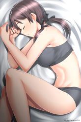 Rule 34 | 1girl, artist name, blush, breasts, brown hair, closed eyes, gertrud barkhorn, grey panties, grey sports bra, groin, hair ornament, hair ribbon, highres, hiroshi (hunter-of-kct), large breasts, lying, navel, on side, open mouth, panties, ribbon, sleeping, solo, sports bra, strike witches, twintails, underwear, underwear only, world witches series