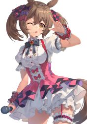 Rule 34 | 1girl, ;p, animal ears, bow, brown eyes, brown hair, frilled skirt, frills, hair bow, hair ribbon, highres, holding, holding microphone, horse ears, horse girl, horse tail, looking at viewer, microphone, one eye closed, pink bow, purple bow, rangen, ribbon, short hair, simple background, skirt, smart falcon (umamusume), solo, tail, tongue, tongue out, twintails, umamusume, white background, white skirt, wrist cuffs