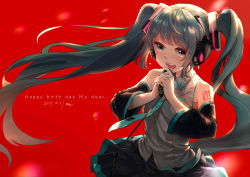 Rule 34 | 1girl, 2017, aqua nails, bare shoulders, black skirt, blue eyes, blue hair, blue necktie, blurry, bokeh, clothes lift, dated, depth of field, detached sleeves, fingernails, floating hair, grey shirt, happy birthday, hatsune miku, headset, holding, holding microphone, interlocked fingers, koniro, long hair, looking away, microphone, nail polish, necktie, open mouth, own hands together, red background, shirt, simple background, skirt, skirt lift, sleeveless, sleeveless shirt, solo, twintails, upper body, vocaloid