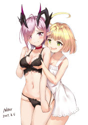 Rule 34 | 2girls, :d, ahoge, aliter, artist name, black bra, black panties, blonde hair, blush, bow, bow panties, bra, breast lift, breasts, bullying, choker, cleavage, closed mouth, dated, demon horns, drooling, grabbing, grabbing another&#039;s breast, grabbing from behind, green eyes, highres, horns, light purple hair, lingerie, medium breasts, multiple girls, nightgown, open mouth, oscurol (shironeko project), panties, pointy ears, purple eyes, shironeko project, short hair, simple background, smile, smug, soara (shironeko project), tears, underwear, underwear only, wavy mouth, white background, yuri