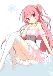 Rule 34 | 1girl, bare shoulders, blush, bow, corset, detached sleeves, dress, empire waist, ende (artist), female focus, flat chest, long hair, one side up, original, panties, pantyshot, pink eyes, pink hair, red eyes, side ponytail, simple background, sitting, smile, snow, snowflakes, solo, thighhighs, underwear, very long hair, white panties, white thighhighs