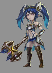Rule 34 | 1girl, alternate costume, animal ears, armor, armored boots, armored dress, blue eyes, blue hair, boots, fang, hair ornament, hammer, highres, league of legends, long hair, looking at viewer, magical girl, matching hair/eyes, pointy ears, poppy (league of legends), skirt, solo, star (symbol), star guardian (league of legends), star guardian poppy, twintails, yordle