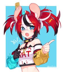 Rule 34 | 1girl, animal ear fluff, animal ears, bare shoulders, black gloves, blue background, blue eyes, blush, border, clothes writing, cropped shirt, detached sleeves, gloves, hair between eyes, hakos baelz, highres, hololive, hololive english, long sleeves, looking at viewer, mouse (animal), mouse ears, mouse on head, mousetrap, multicolored hair, off-shoulder shirt, off shoulder, open mouth, print shirt, red hair, sharp teeth, shirt, single glove, solo, streaked hair, teeth, twintails, twitter username, upper body, virtual youtuber, white border, white shirt, yoako