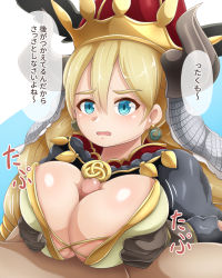 Rule 34 | 1girl, armor, black fur, blonde hair, blue eyes, blush, braid, breasts, breasts squeezed together, brown gloves, cape, chainmail, cleavage, clothed sex, corset, crown, deep skin, earrings, enrica (sekaiju), etrian odyssey, fake horns, fur-trimmed cape, fur-trimmed gloves, fur trim, gloves, hair between eyes, highres, horned headwear, horns, jewelry, large breasts, long hair, open mouth, paizuri, paizuri under clothes, penis, red cape, sekaiju no meikyuu, sekaiju no meikyuu x, shiny clothes, shiny skin, tagme, translation request, twin braids, twintails, veil, winged hat, xaw