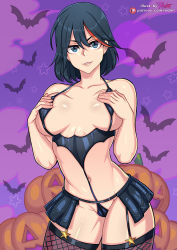 Rule 34 | 1girl, alternate costume, bare shoulders, bat (animal), black hair, blue eyes, breasts, breasts apart, clothing request, cloud, collarbone, commentary request, contrapposto, hair between eyes, halloween, jack-o&#039;-lantern, kill la kill, large breasts, matoi ryuuko, multicolored hair, navel, parted lips, pink background, pumpkin, purple background, red eyes, redjet, revealing clothes, shiny skin, short hair, smile, solo, standing, teeth, thighhighs, two-tone hair, watermark, web address