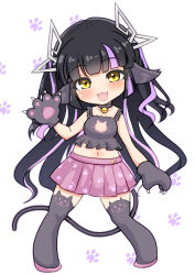 Rule 34 | 1girl, alternate costume, animal ear legwear, animal ears, animal hands, black hair, blunt bangs, blush, breasts, cat cutout, cat ear legwear, cat ears, cat lingerie, cat tail, chibi, cleavage cutout, clothing cutout, commentary request, demon girl, demon horns, fang, full body, gloves, grey thighhighs, horns, kojo anna, long hair, looking at viewer, medium breasts, meme attire, midriff, miniskirt, multicolored hair, nanashi inc., navel, open mouth, paw gloves, paw print, paw print background, paw print pattern, pink skirt, pleated skirt, pointy ears, purple hair, robou no stone, skin fang, skirt, smile, solo, standing, tail, thighhighs, two-tone hair, virtual youtuber, white background, yellow eyes