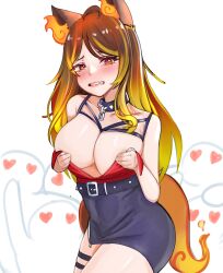 Rule 34 | 1girl, absurdres, animal ears, bare shoulders, black skirt, blush, breast hold, breasts, chest harness, choker, crowd, embarrassed, flame-tipped tail, harness, highres, jewelry, large breasts, partially unzipped, red shirt, reveal, shirt, sinder (vtuber), skirt, solo, spiked choker, spikes, tail, tearing up, thigh strap, virtual youtuber, wardrobe malfunction, wolf ears, wolf girl, wolf tail