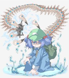 Rule 34 | 1girl, black footwear, blue eyes, blue hair, blue shirt, blue skirt, breasts, closed mouth, collared shirt, electricity, evil smile, flat cap, full body, green bag, green hat, hair bobbles, hair ornament, hand on ground, hand on own knee, hat, highres, jewelry, kawashiro nitori, key, key necklace, kneeling, long sleeves, looking at viewer, mechanical tentacles, medium breasts, necklace, on one knee, pocket, shaded face, shinmon akika, shirt, short hair, skirt, skirt set, smile, solo, split mouth, touhou, two side up, water