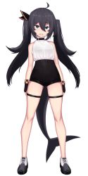 Rule 34 | 1girl, ahoge, bare shoulders, black gloves, black hair, black ribbon, black shorts, blue eyes, breasts, dev (dev0614), fingerless gloves, fins, fish tail, full body, gloves, grey footwear, hair between eyes, hair ribbon, high-waist shorts, highres, long hair, looking at viewer, original, parted lips, ribbon, shark tail, sharp teeth, shirt, shoes, short shorts, shorts, sidelocks, simple background, small breasts, solo, standing, tail, teeth, thick eyebrows, thigh strap, transparent background, twintails, very long hair, white background, white shirt