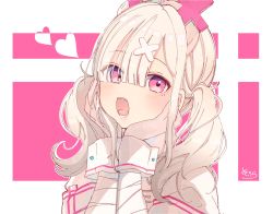 Rule 34 | 1girl, bandaged arm, bandages, blush, commentary request, hair ornament, hair over one eye, hands on own face, heart, highres, long hair, looking at viewer, mole, mole under eye, nijisanji, open mouth, pink background, pink eyes, puffy short sleeves, puffy sleeves, shirt, short sleeves, signature, sofra, solo, sukoya kana, twintails, two-tone background, upper body, virtual youtuber, white background, white hair, white shirt, wrist cuffs, x hair ornament