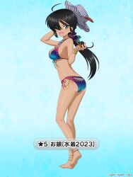 Rule 34 | 1girl, ahoge, anklet, ass, barefoot, belly chain, bikini, black eyes, black hair, black hat, blue background, blue bikini, bracelet, breasts, character name, commentary request, dark-skinned female, dark skin, flower, from side, front-tie bikini top, front-tie top, girls und panzer, girls und panzer senshadou daisakusen!, hair over one eye, hair ribbon, hand in own hair, hat, hat flower, holding, holding smoking pipe, jewelry, kneepits, long hair, looking at viewer, low ponytail, medium breasts, necklace, official alternate costume, official art, ogin (girls und panzer), open mouth, ribbon, side-tie bikini bottom, smile, smoking pipe, solo, standing, standing on one leg, star (symbol), striped clothes, striped headwear, swimsuit, translated, watermark