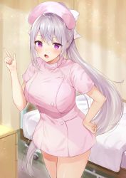 Rule 34 | 1girl, :o, alternate costume, bed, blush, bow, breasts, commentary, dress, hair between eyes, hair bow, hand on own hip, hand up, hat, high ponytail, highres, higuchi kaede, hospital bed, index finger raised, indoors, large breasts, long hair, looking at viewer, mole, mole under eye, nijisanji, nurse cap, open mouth, pink dress, pink hat, ponytail, purple eyes, racchi., short dress, short sleeves, sidelocks, silver hair, solo, standing, very long hair, virtual youtuber, white bow