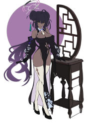 Rule 34 | 1girl, alternate costume, alternate hairstyle, b-pang, between breasts, black dress, black footwear, black gloves, black hair, blue archive, breasts, china dress, chinese clothes, cleavage, closed mouth, clothing cutout, crossed legs, dark-skinned female, dark skin, detached sleeves, double bun, dress, floral print, full body, gloves, gradient hair, hair between eyes, hair bun, hair ornament, halo, high heels, highres, id card, karin (blue archive), large breasts, long hair, looking at viewer, multicolored hair, necktie, necktie between breasts, pelvic curtain, purple hair, simple background, solo, thighhighs, unfinished, very long hair, watson cross, white necktie, white thighhighs