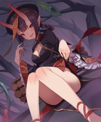 Rule 34 | 1girl, bare tree, black dress, black hat, braid, braided hair rings, breasts, china dress, chinese clothes, commentary request, dress, dutch angle, fate/grand order, fate (series), feet out of frame, fingernails, hair rings, hat, horns, kildir, knees up, long sleeves, looking at viewer, nail polish, oni, parted lips, pelvic curtain, purple eyes, purple hair, qingdai guanmao, red nails, sharp fingernails, shuten douji (fate), shuten douji (festival outfit) (fate), sitting, skin-covered horns, small breasts, solo, tongue, tongue out, tree, very long fingernails, wide sleeves