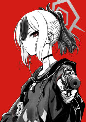 Rule 34 | 1girl, aiming, aiming at viewer, blue archive, choker, commentary, demon horns, dokuromaru, ear piercing, earbuds, earphones, expressionless, greyscale with colored background, gun, halo, handgun, highres, holding, holding gun, holding weapon, holster, hood, hoodie, horns, kayoko (blue archive), looking at viewer, medium hair, multicolored hair, piercing, ponytail, red background, sidelocks, solo, suppressor, two-tone hair, weapon
