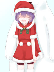 Rule 34 | 1girl, bear, bernadetta von varley, chirun0, commentary, dress, english commentary, closed eyes, fire emblem, fire emblem: three houses, fire emblem heroes, hat, highres, lifting person, mouth hold, nintendo, open mouth, polar bear, pom pom (clothes), purple hair, santa costume, santa dress, santa hat, simple background, tears