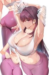 Rule 34 | 1girl, armpits, ass, breasts, cleavage, closed mouth, collarbone, commentary request, damda, fate/grand order, fate (series), large breasts, long hair, looking at viewer, midriff, multiple views, navel, purple hair, red eyes, scathach (fate), simple background, sportswear, sweat, white background