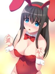 Rule 34 | 10s, 1girl, animal ears, bare shoulders, black hair, blue eyes, blush, breasts, rabbit ears, rabbit tail, cleavage, covered navel, detached collar, fake animal ears, idolmaster, idolmaster cinderella girls, large breasts, leotard, long hair, open mouth, playboy bunny, sagisawa fumika, solo, tail, totokichi, upper body, wrist cuffs