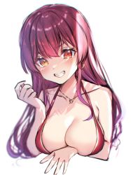 Rule 34 | 1girl, alternate hairstyle, bikini, blush, breast hold, breasts, buta tamako, collarbone, commentary, cropped torso, earrings, grin, hair between eyes, hair down, halterneck, heart, heart earrings, heart necklace, heterochromia, highres, hololive, houshou marine, houshou marine (summer), jewelry, light, long hair, looking at viewer, necklace, official alternate costume, red bikini, red eyes, red hair, simple background, smile, solo, straight hair, swimsuit, teeth, upper body, virtual youtuber, white background, yellow eyes