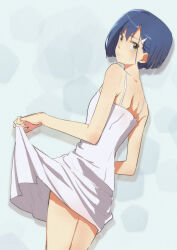 Rule 34 | 1girl, bare shoulders, blue background, blue hair, blunt ends, blurry, bob cut, bokeh, breasts, chinese commentary, closed mouth, commentary request, cowboy shot, darling in the franxx, depth of field, dress, dutch angle, expressionless, film grain, from behind, green eyes, hair ornament, hairclip, highres, ichigo (darling in the franxx), liangsos, looking at viewer, looking back, shaft look, short hair, shoulder blades, skirt hold, small breasts, solo, spaghetti strap, standing, sundress, white dress