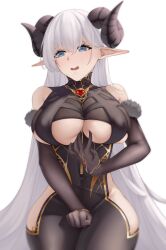Rule 34 | 1girl, absurdres, albion (azur lane), albion (silvermoon faerie princess) (azur lane), azur lane, bare hips, bare shoulders, black bodysuit, black gloves, black horns, blue eyes, blush, bodysuit, breasts, cleavage, clothing cutout, covered erect nipples, curled horns, curvy, elbow gloves, fur-trimmed gloves, fur trim, gem, gloves, gold trim, highres, horns, large breasts, long hair, nya cot, official alternate costume, open mouth, pointy ears, red gemstone, simple background, solo, thick thighs, thighs, underboob, underboob cutout, very long hair, white background, white hair, wide hips