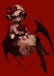 Rule 34 | 1girl, :q, ascot, bat wings, blood, blood on face, bow, frills, full body, hat, hat ribbon, highres, looking at viewer, md5 mismatch, mob cap, nail polish, no-kan, pantyhose, puffy sleeves, red background, red eyes, remilia scarlet, resized, ribbon, shirt, short hair, short sleeves, simple background, skirt, skirt set, smile, solo, tongue, tongue out, touhou, wings, wrist ribbon