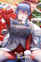 Rule 34 | 1girl, bag, blue eyes, blue hair, blush, box, breasts, christmas, christmas ornaments, christmas tree, coat, commentary request, dress, gift, gift box, gloves, gotland (kancolle), hat, highres, kantai collection, large breasts, long hair, looking at viewer, mole, mole under eye, one eye closed, red dress, sabakuomoto, santa costume, santa hat, sheep, short dress, sleeveless, sleeveless coat, solo, straddling, thighhighs, white gloves, white thighhighs