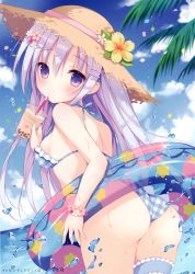 Rule 34 | 1girl, absurdres, ass, bare shoulders, bikini, blue bikini, blue sky, blush, breasts, brown hat, closed mouth, cloud, cloudy sky, confetti, cup, day, disposable cup, flower, flower bracelet, hair between eyes, hat, hat flower, highres, holding, holding cup, horizon, innertube, izuminanase, leaning forward, long hair, looking at viewer, looking back, medium breasts, melonbooks, ocean, official art, original, outdoors, palm tree, pink flower, plaid, plaid bikini, purple eyes, purple hair, scan, sky, solo, straw hat, swim ring, swimsuit, transparent, tree, very long hair, watermark, wet, white flower, yellow flower
